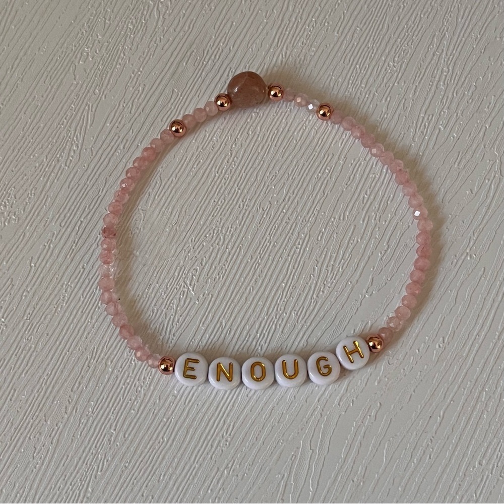 NWOT Handcrafted Enough Bracelet Rose/Pink Quartz beads Sandstone accent